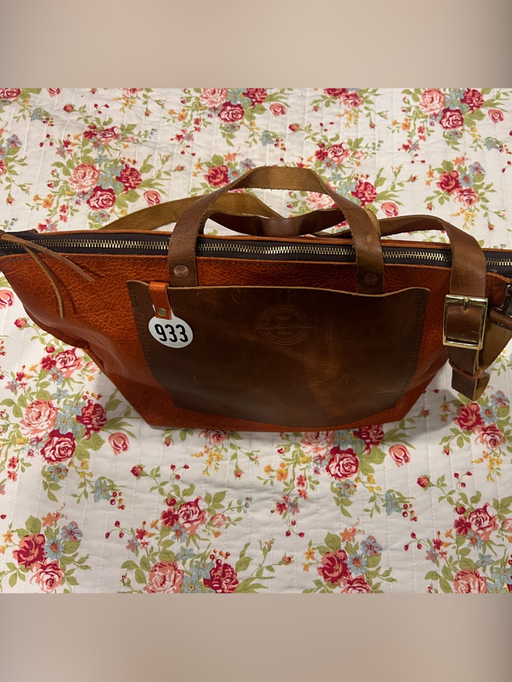 "Home State Made" Large Two-Tone Brown Leather Bag with Front Pocket